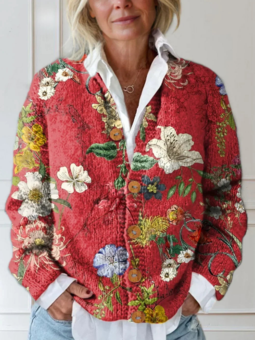 Annemiek | Rood vest met bloemenprint