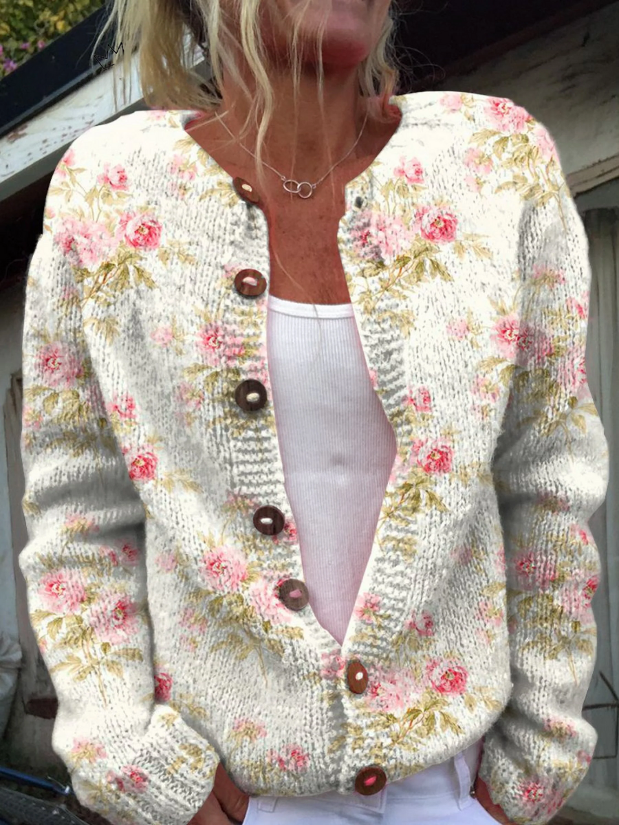 Ilse | Gebreid vest met roze bloemen