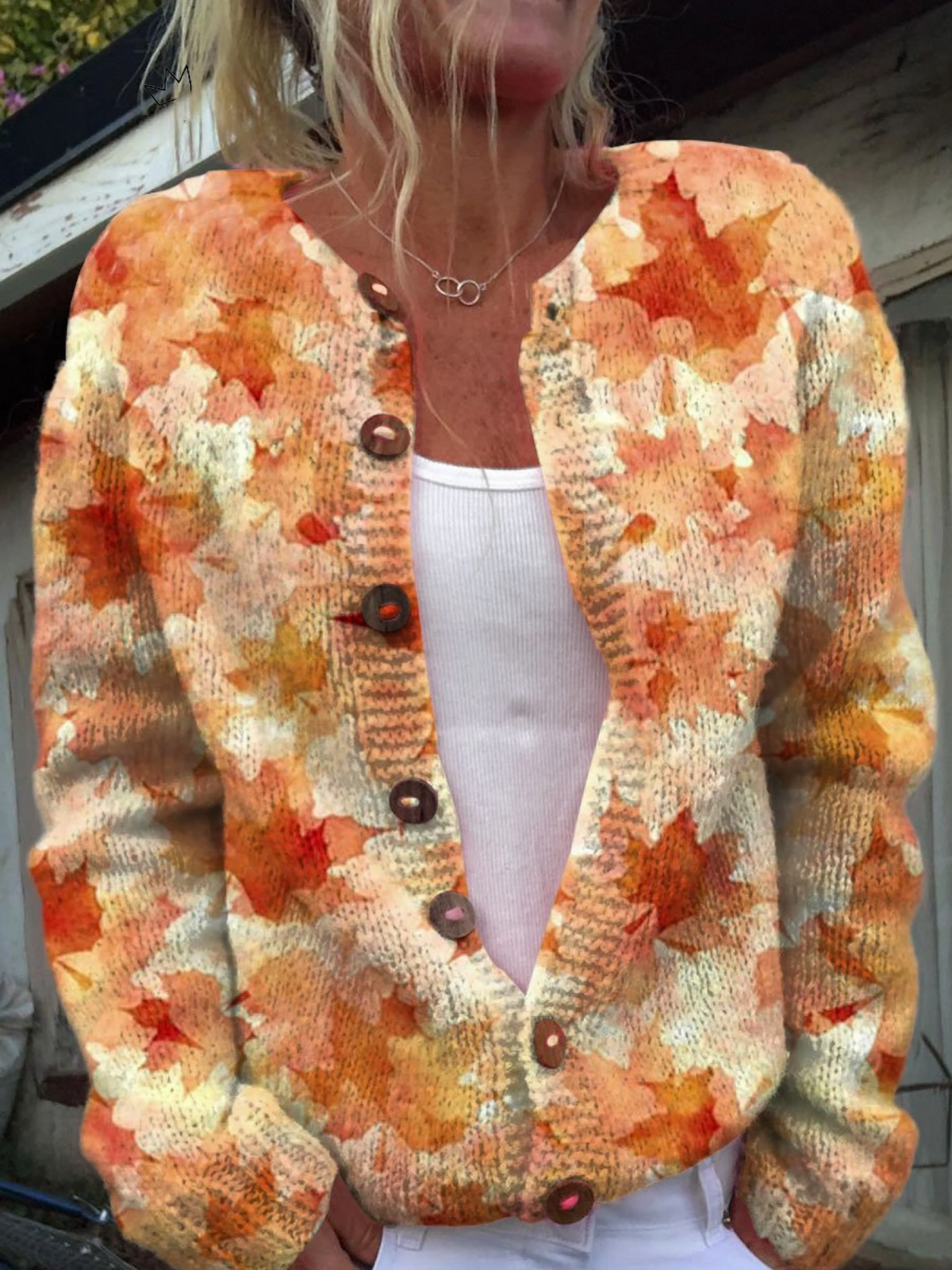 Femke | Herfstvest met bladerprint