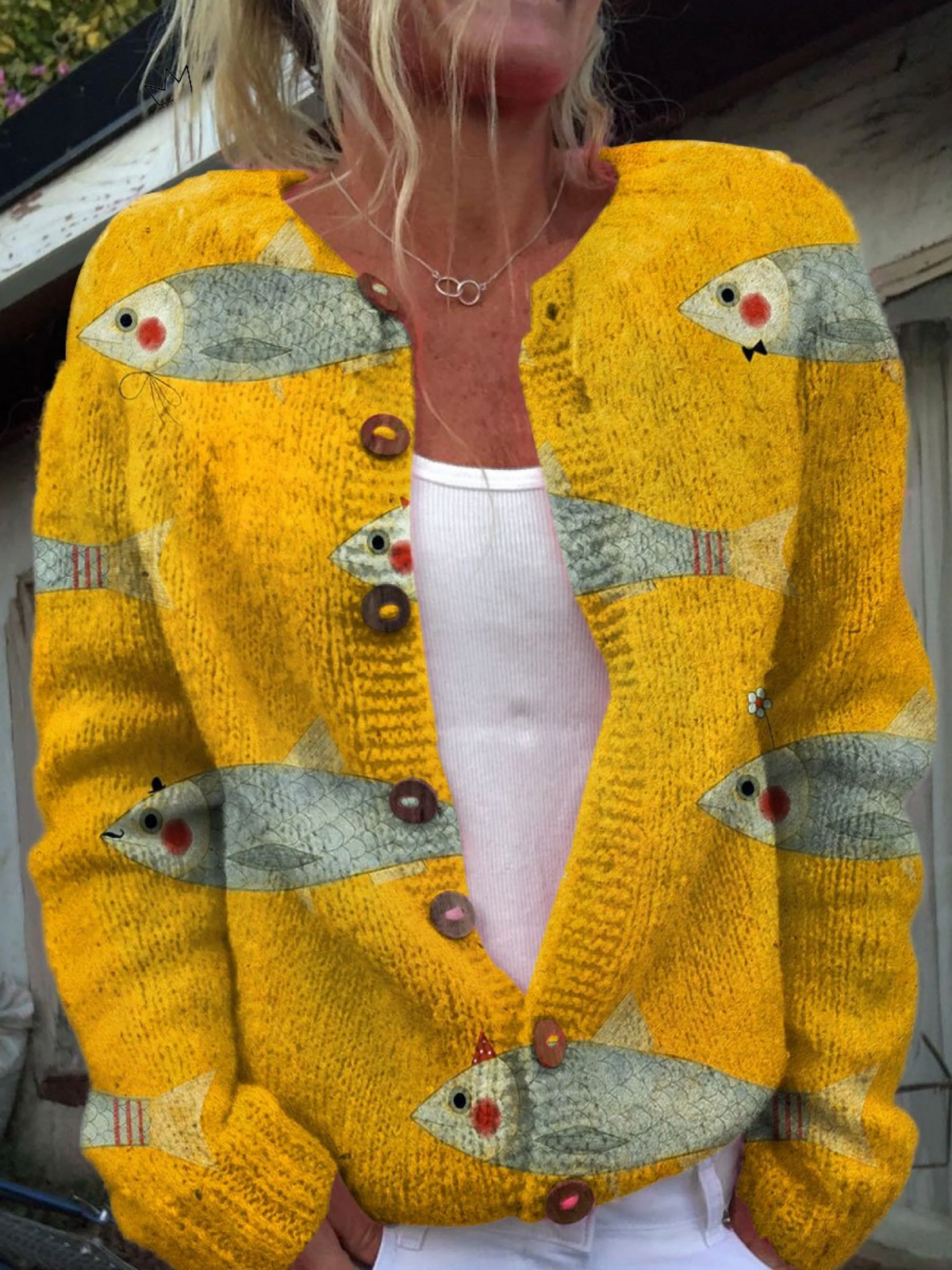 Anouk | Geel vest met vissenprint