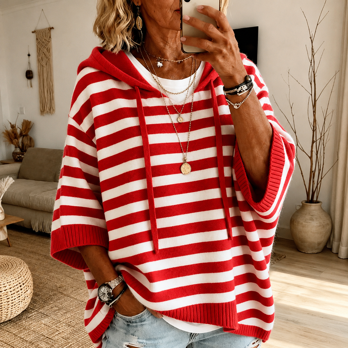 Hanna | Gestreepte Oversized Poncho Hoodie