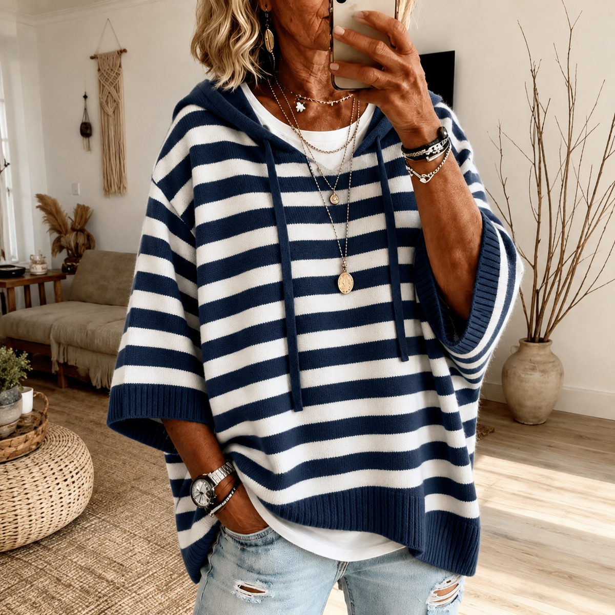 Monique | Gestreepte Oversized Poncho Hoodie