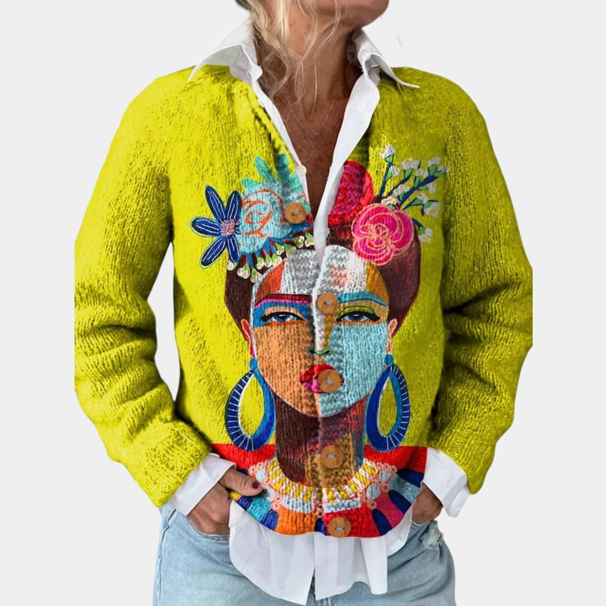 Fleur | Geel vest met kunstprint